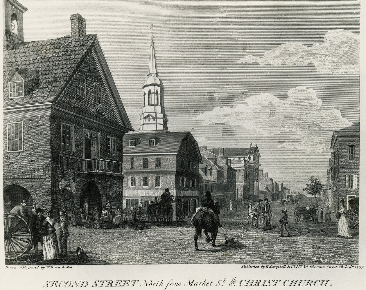 Deuxième rue nord depuis Market Street et Christ Church, Philadelphie, dessin de William Russell Birch (1755-1834), imprimé par R Campbell, États-Unis d