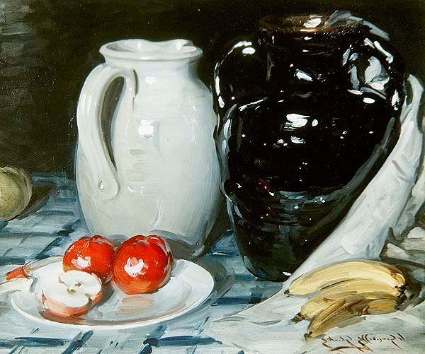 Nature morte avec pommes et bananes, et un grand pichet et vase - William Somerville Shanks