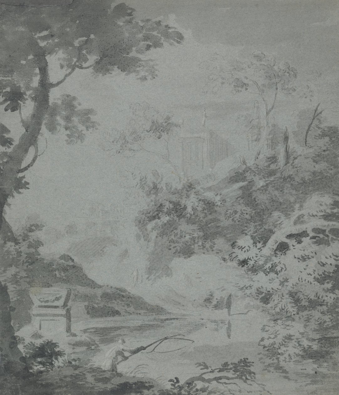Paysage avec un bâtiment classique lointain et un homme pêchant - William Taverner