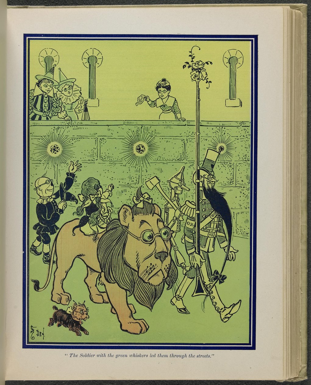 "Le soldat aux moustaches vertes les a conduits à travers les rues", illustration tirée du "Magicien d