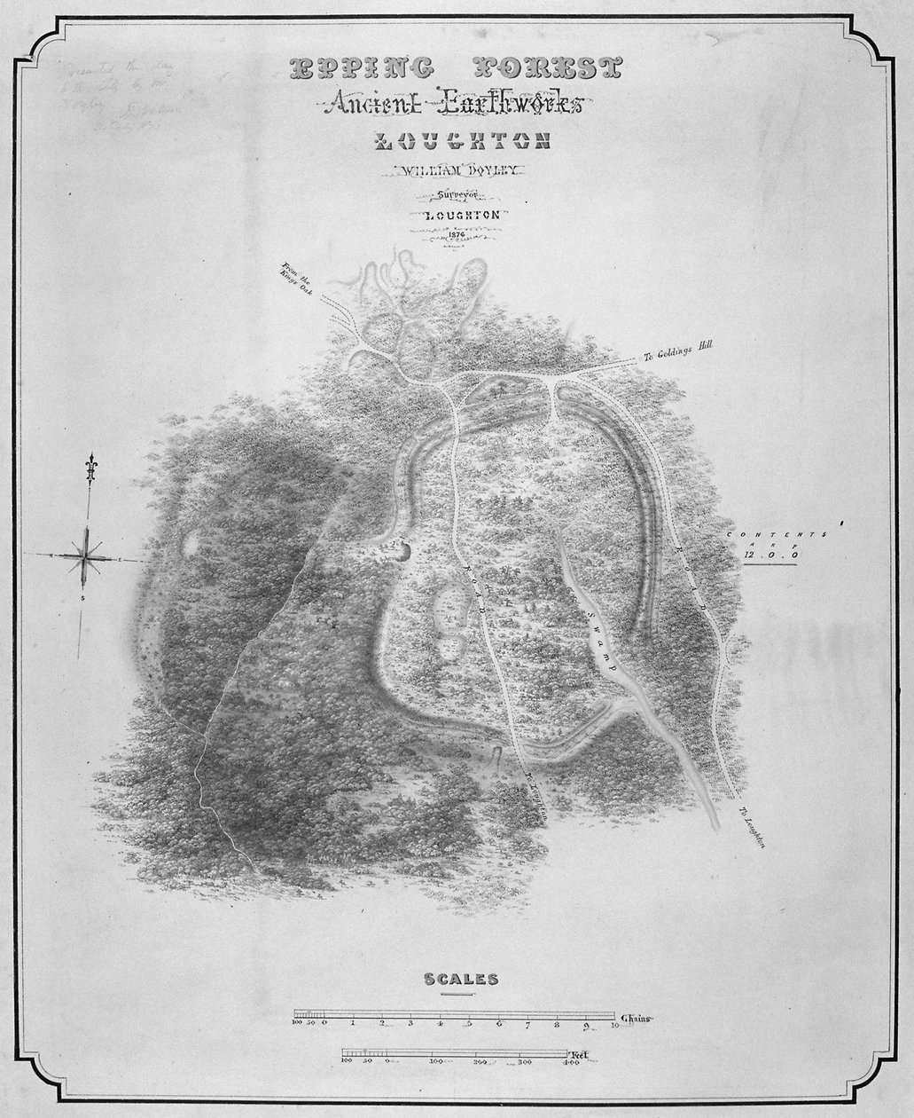 Carte des anciens travaux de terrassement à Loughton Camp, réalisée vers 52 après J.-C. dans la forêt d