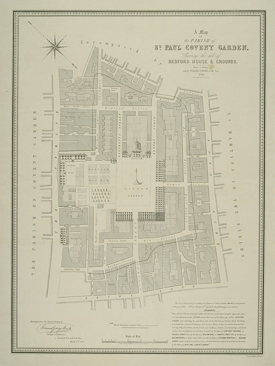 Carte de la paroisse de St. Paul, Covent Garden, montrant le site de Bedford House et ses jardins, publiée par W.P. Metchim, 1686 - Willian Leybourn