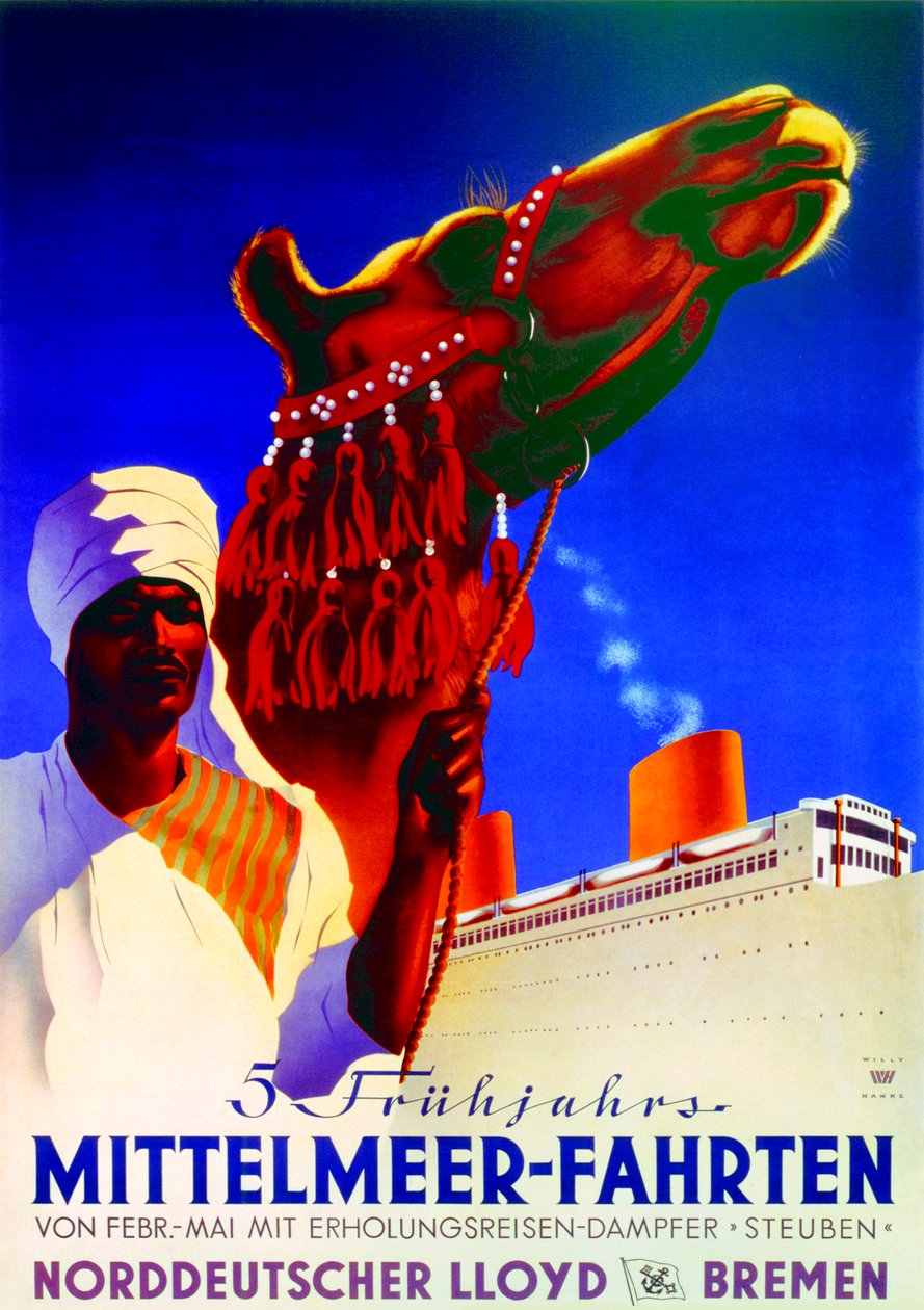 5 croisières méditerranéennes de printemps, affiche publicitaire pour la Bremen North German Lloyd Line - Willy Hanke