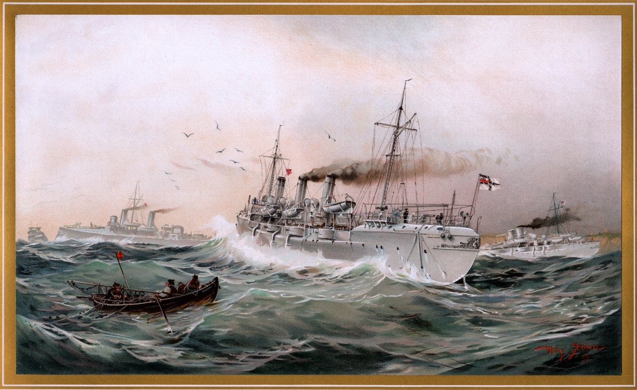 Kaiserliche Marine Greif, Meteor et Jagd espionnent près de Brüsterort, Chromo-Lithographie de Willy Stöwer 1894, nr9 de G. Wislicenus, Unsre Kriegsflotte - Willy Stöwer