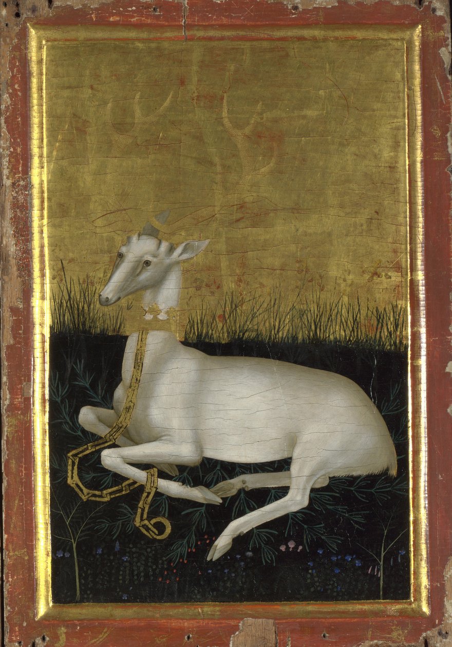 Un cerf blanc enchaîné avec une couronne autour du cou (Panneau extérieur du Diptyque de Wilton), Entre 1395 et 1399 - Wilton Master
