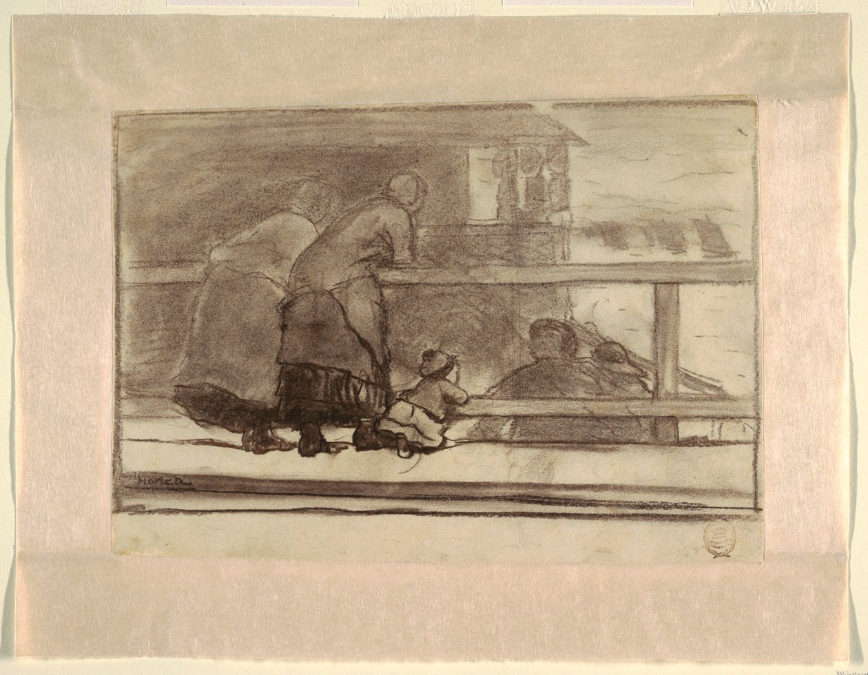 Deux femmes et un enfant à une balustrade, surplombant la plage de Tynemouth - Winslow Homer