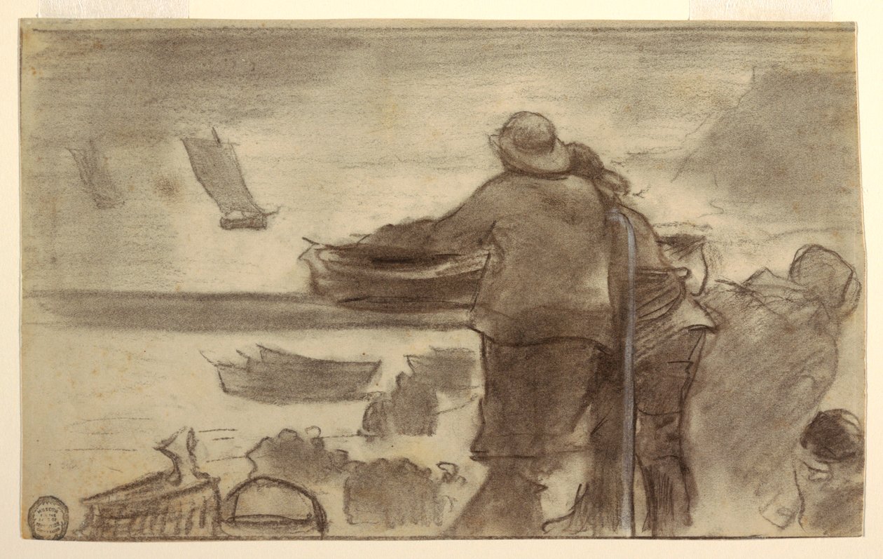 Dessin, plage avec des bateaux et des gens, Cullercoats, Angleterre, 1881-82 - Winslow Homer