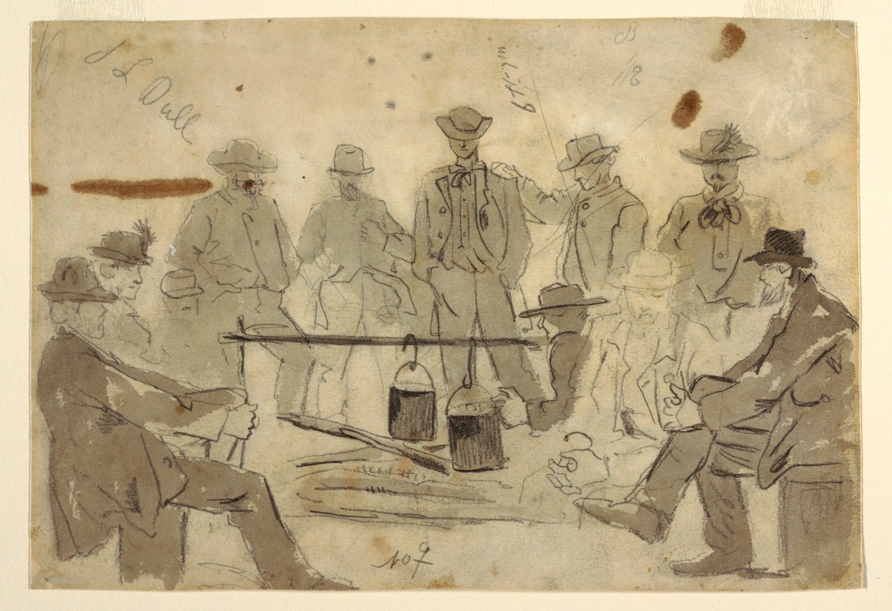 Dessin, feu de camp avec des soldats groupés, 1862 - Winslow Homer