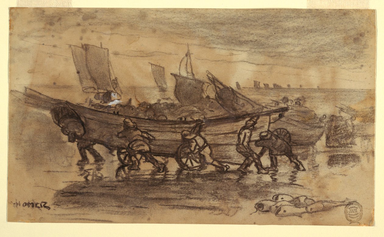 Dessin, pêcheurs échouant un doris, Cullercoats, Angleterre, 1881 - Winslow Homer