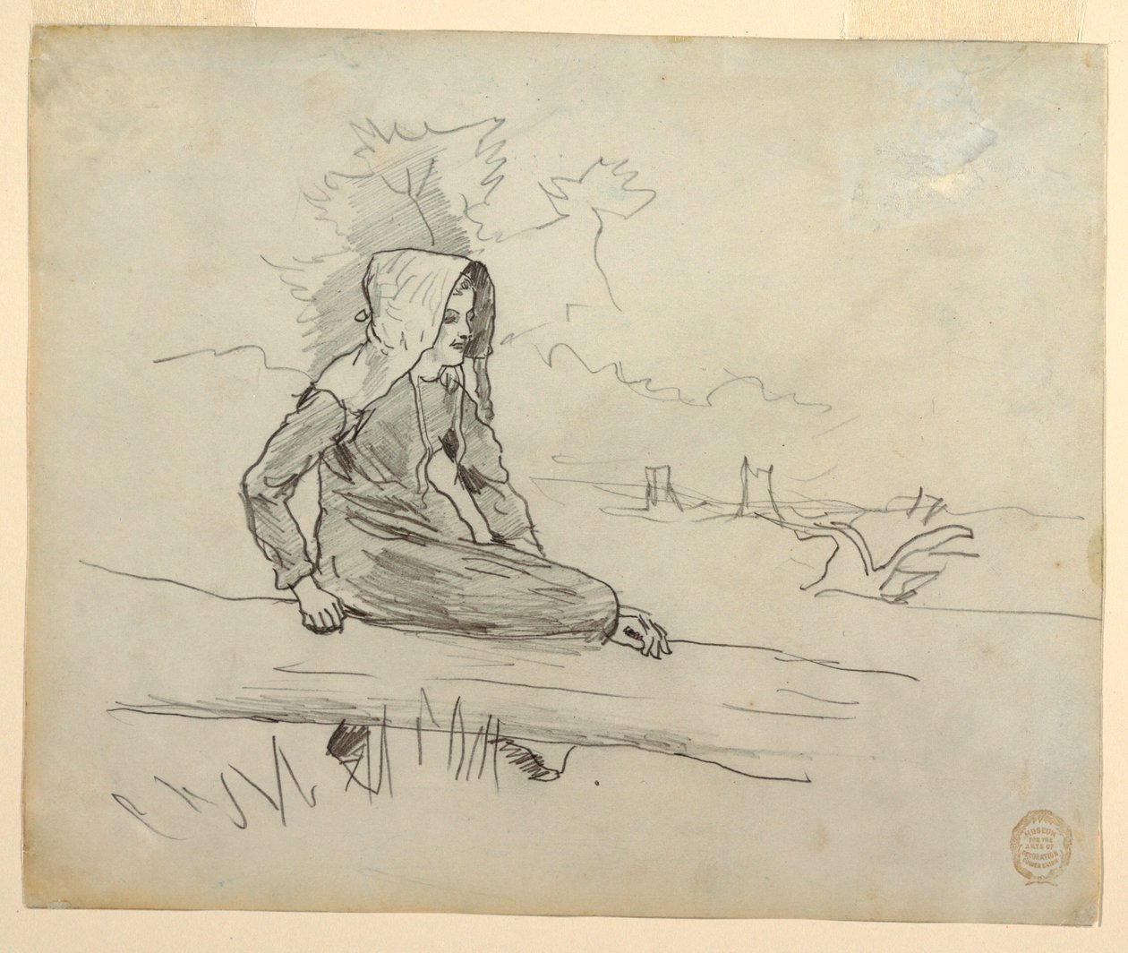 Dessin, Jeune fille assise sur un tronc d