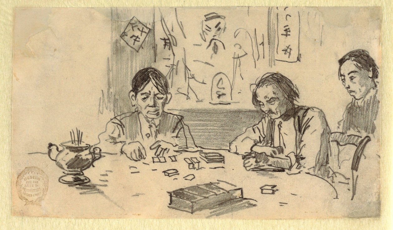 Dessin, trois Chinois jouant aux dominos dans un club-house de Baxter Street, New York, vers 1874 - Winslow Homer