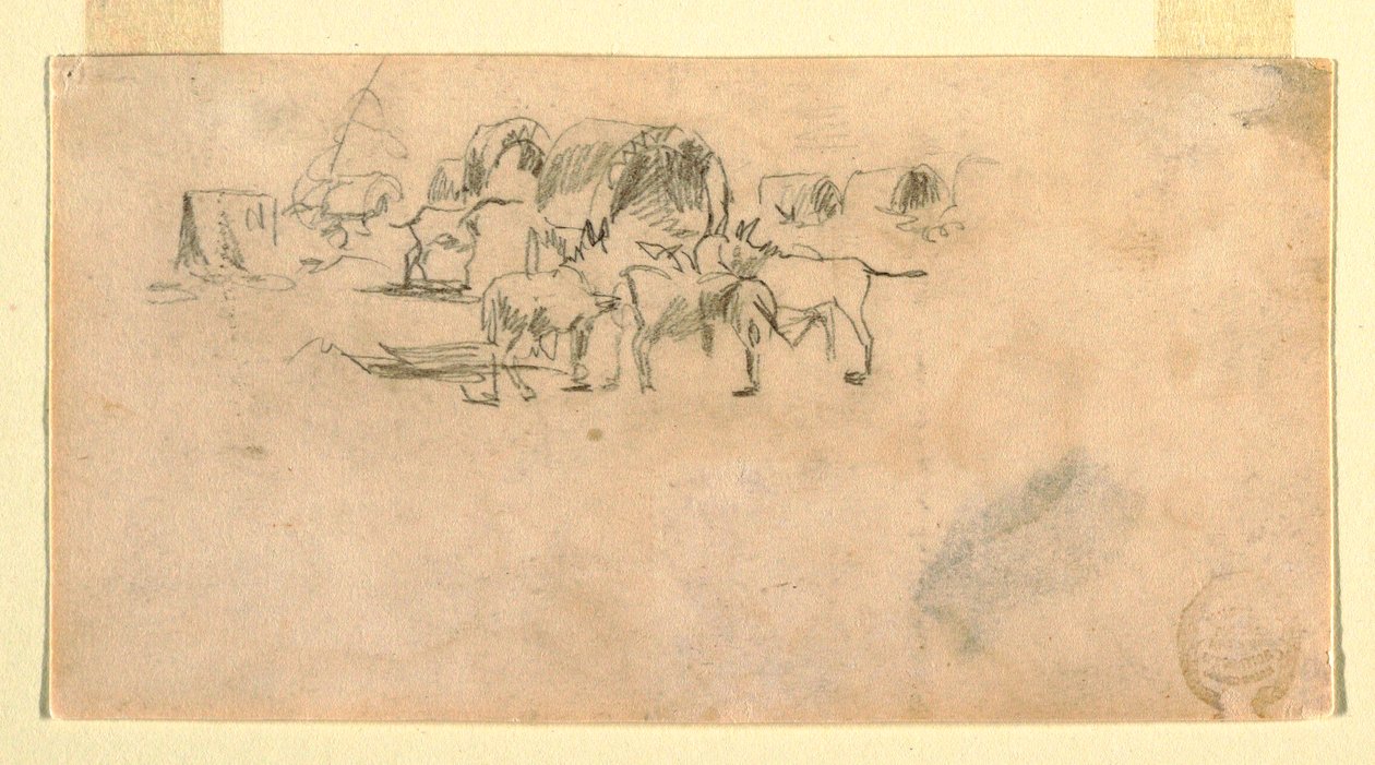Dessin, train de chariots dans un camp, 1862 - Winslow Homer