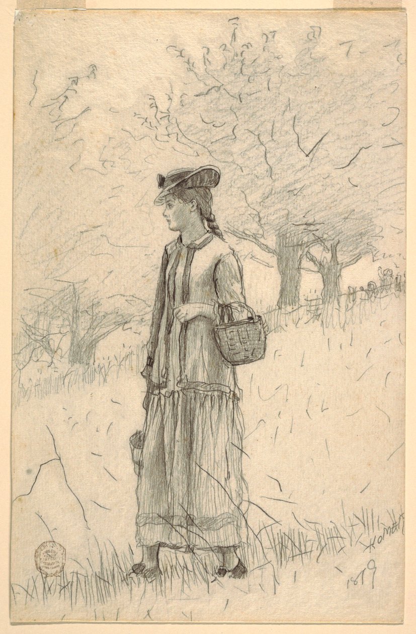 Dessin, Jeune femme marchant dans un champ, 1879 - Winslow Homer