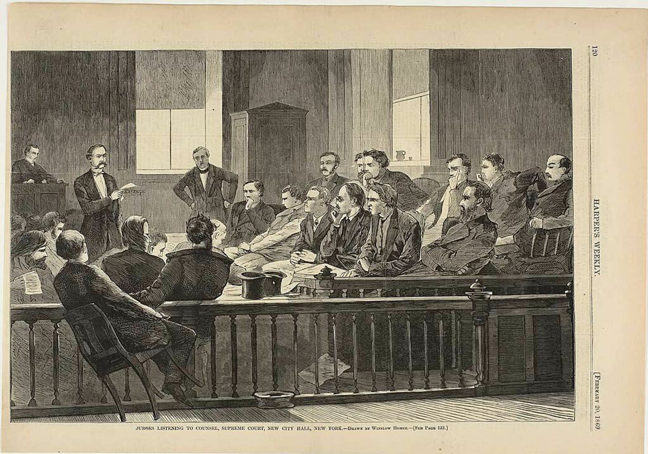 Jurés écoutant leur avocat, Cour suprême, nouvel hôtel de ville, New York - Winslow Homer
