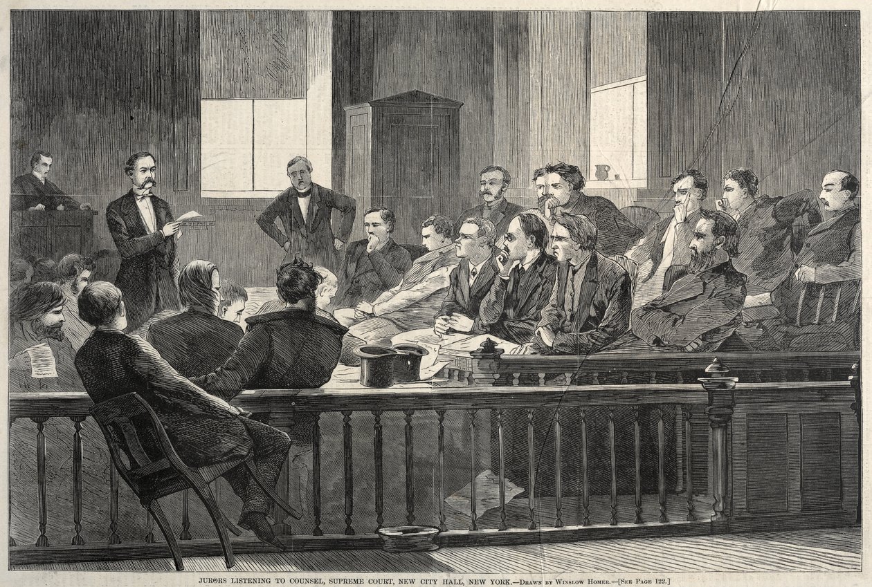 Des jurés écoutant les avocats, Cour suprême, nouvel hôtel de ville, New York - Winslow Homer