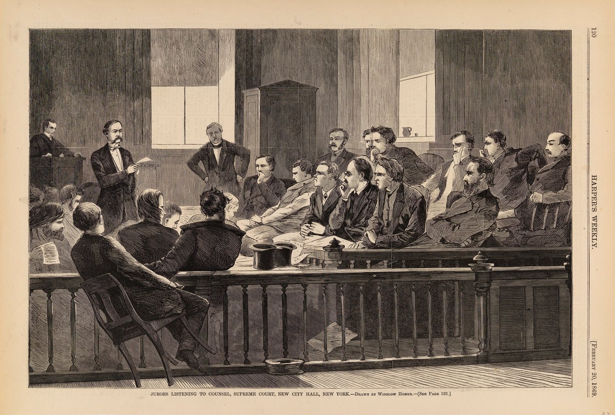 Jurors Listening to Counsel, Supreme Court, New City Hall, New York, tiré de Harper