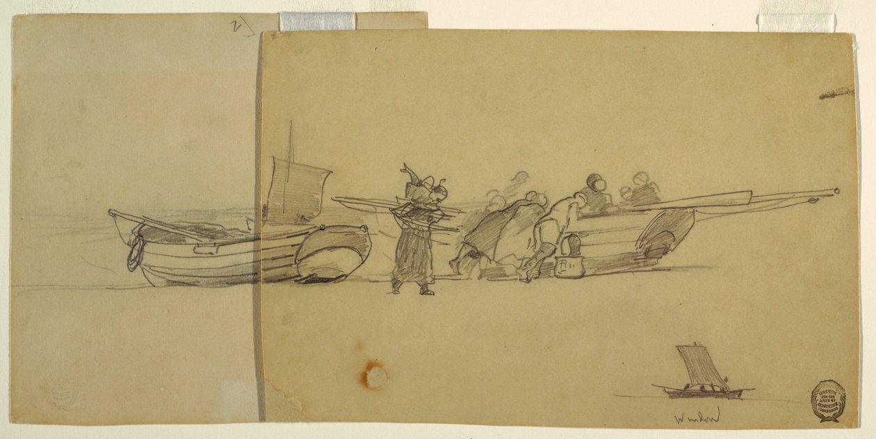 Hommes et femmes déchargeant une doris de pêche, Cullercoats, Angleterre - Winslow Homer