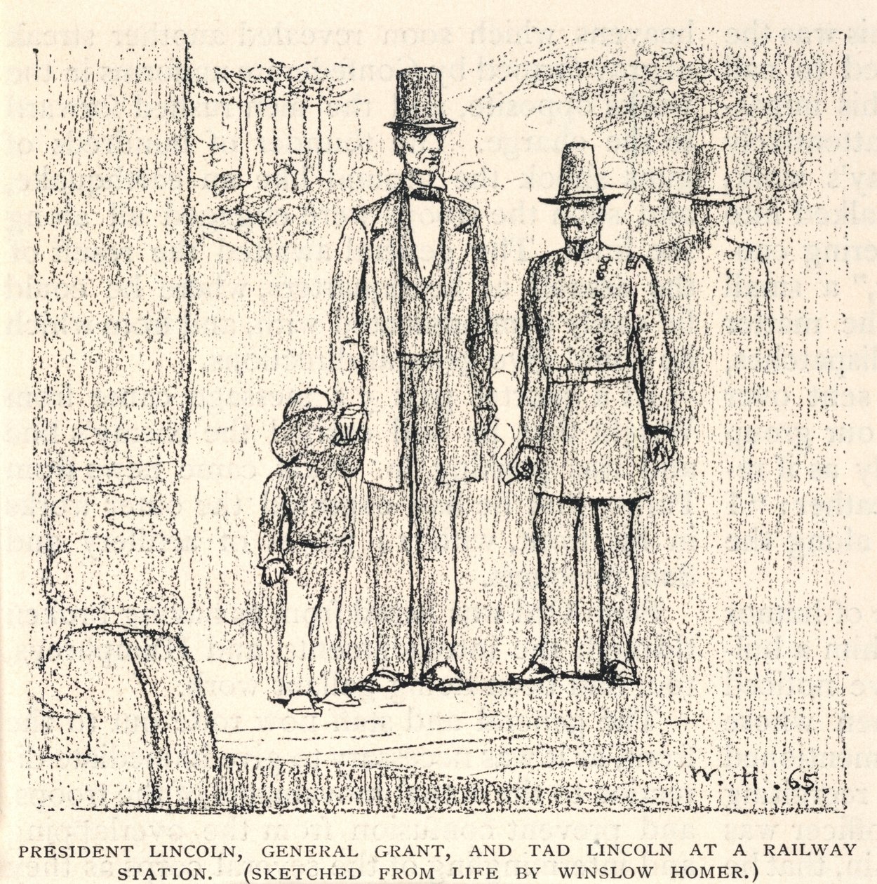 Le président Lincoln, le général Grant et Tad Lincoln dans une gare, extrait du Century Magazine, novembre 1887 - Winslow Homer