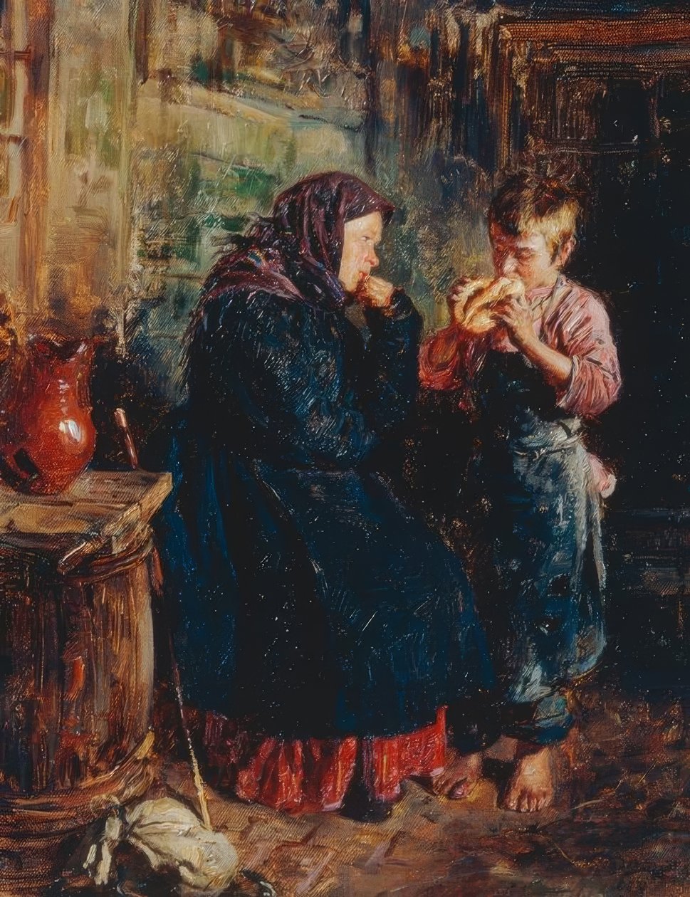 Vieille femme et garçon avec pain - Wladimir Jegorowitsch Makowski