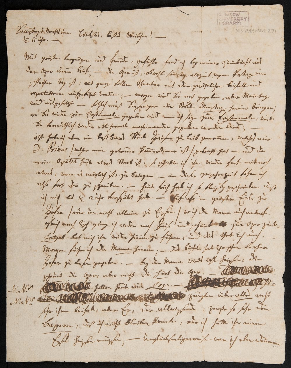 MS Farmer 2715 Lettre de W.A. Mozart à sa femme, Konstanze, 1791, page 1 - Wolfgang Amadeus Mozart