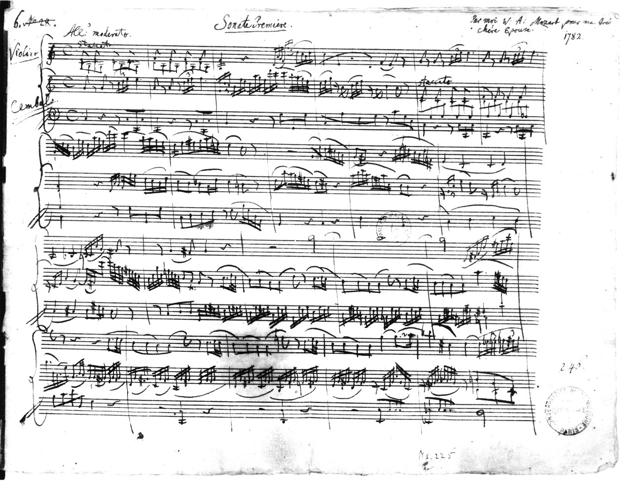 Ms.225 Sonate Première pour violon et clavecin en do majeur (K 403) 1782 - Wolfgang Amadeus Mozart