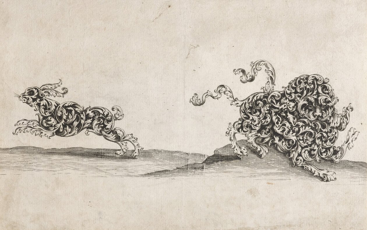 Lion et Lièvre Composés de Feuillage Ornemental - Wolfgang Hieronymus von Bömmel