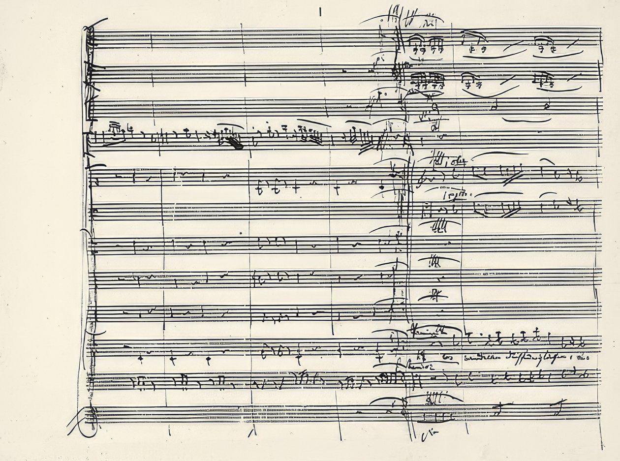 Wolfgang Amadeus Mozart (1756-1791) compositeur autrichien. Autographe de la fin de la musique du feu et du début du duo de Pamina et Tamino (Nous avons traversé les flammes) de La Flûte enchantée. 1791 - Wolfgang Amadeus Mozart