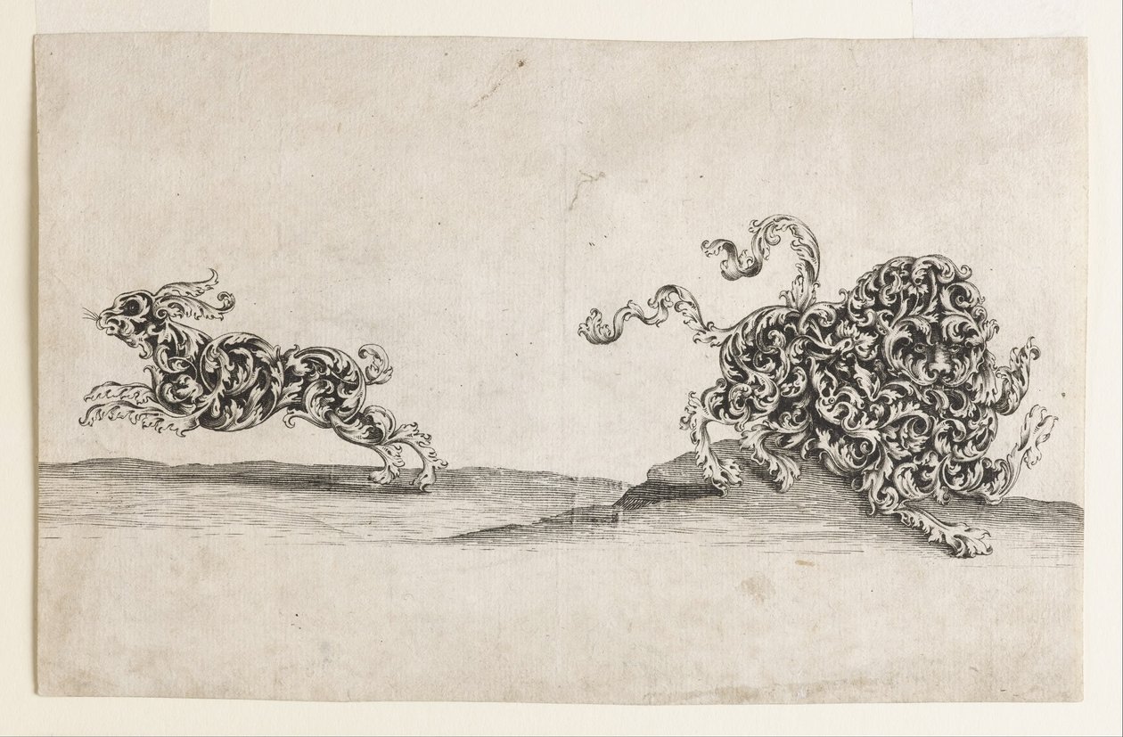 Lion et lièvre composés de motifs ornementaux - Wolfgang Hieronymus von Bömmel