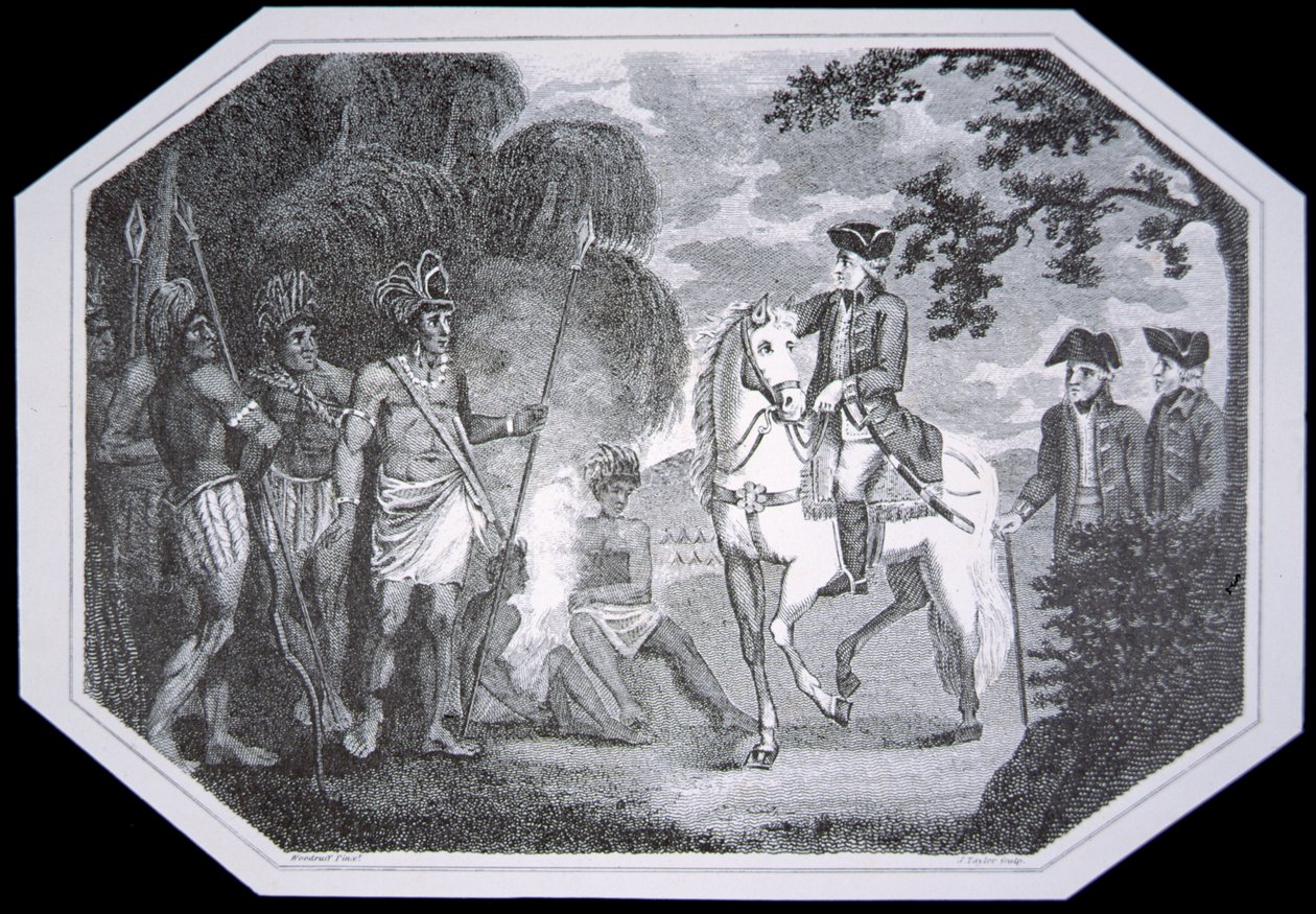 Le général Burgoyne et les Indiens en 1777, gravé par J. Taylor, d