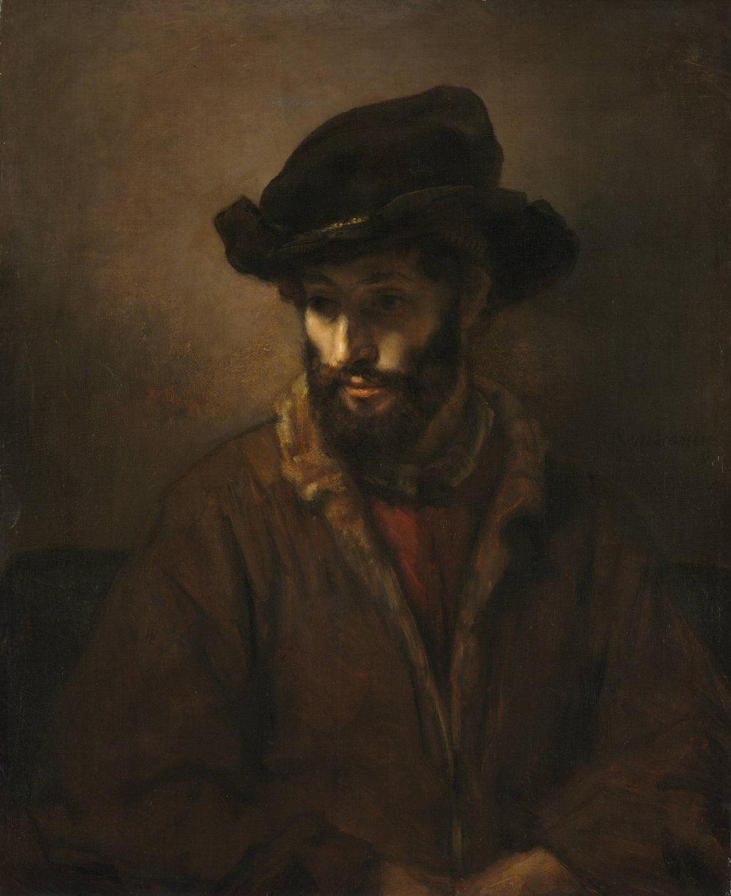 Un homme barbu portant un chapeau - Workshop of Rembrandt