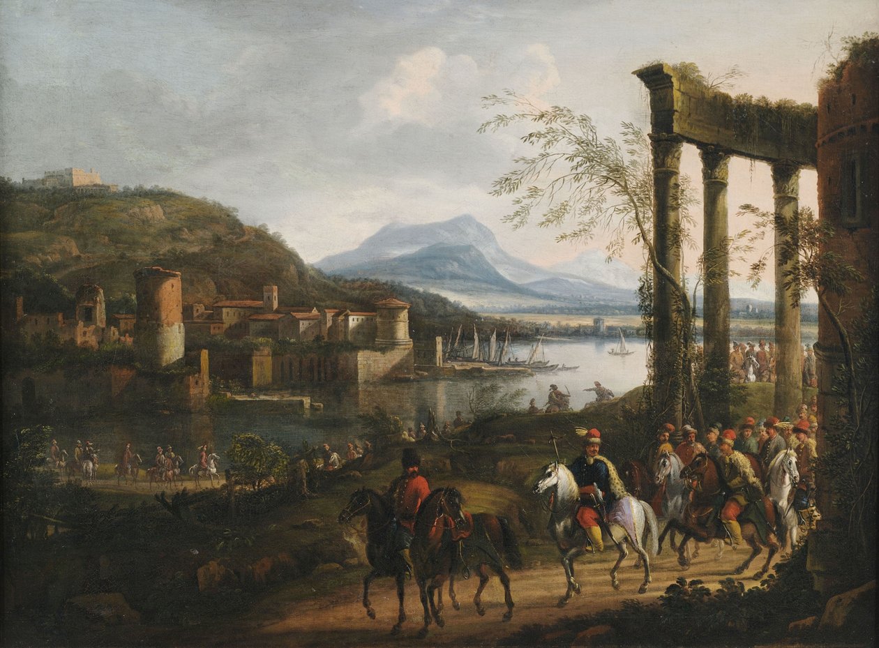 Large paysage fluvial italianisant avec ruines, port et grande procession équestre - Willem van Bemmel