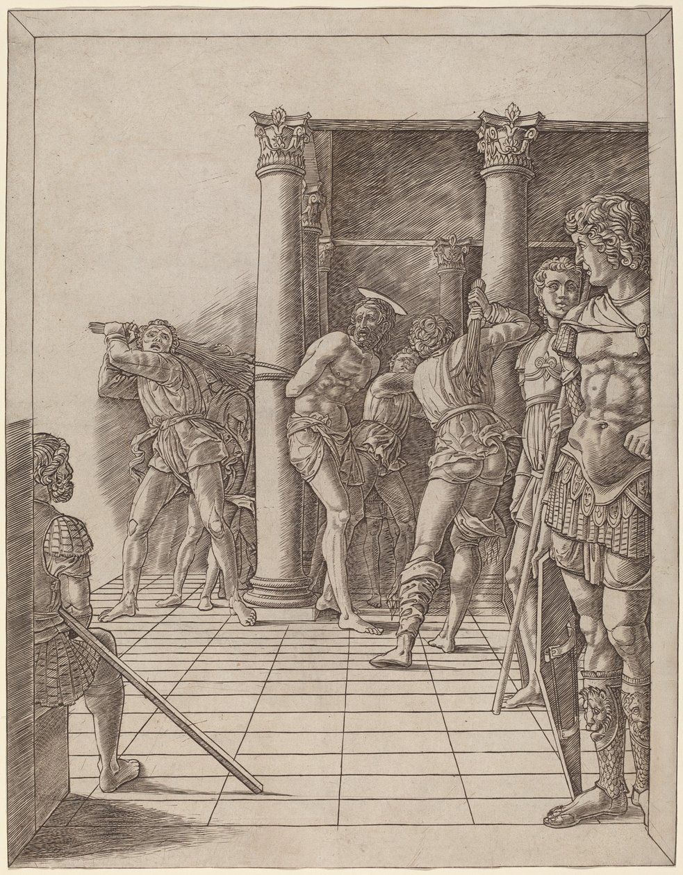 Flagellation du Christ, avec le pavé - Workshop of Andrea Mantegna
