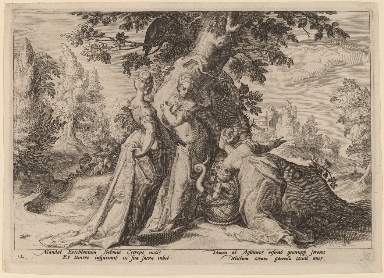 Les Filles de Cécrops ouvrent le coffre confié par Minerve - Workshop of Hendrick Goltzius, after Hendrick Goltzius