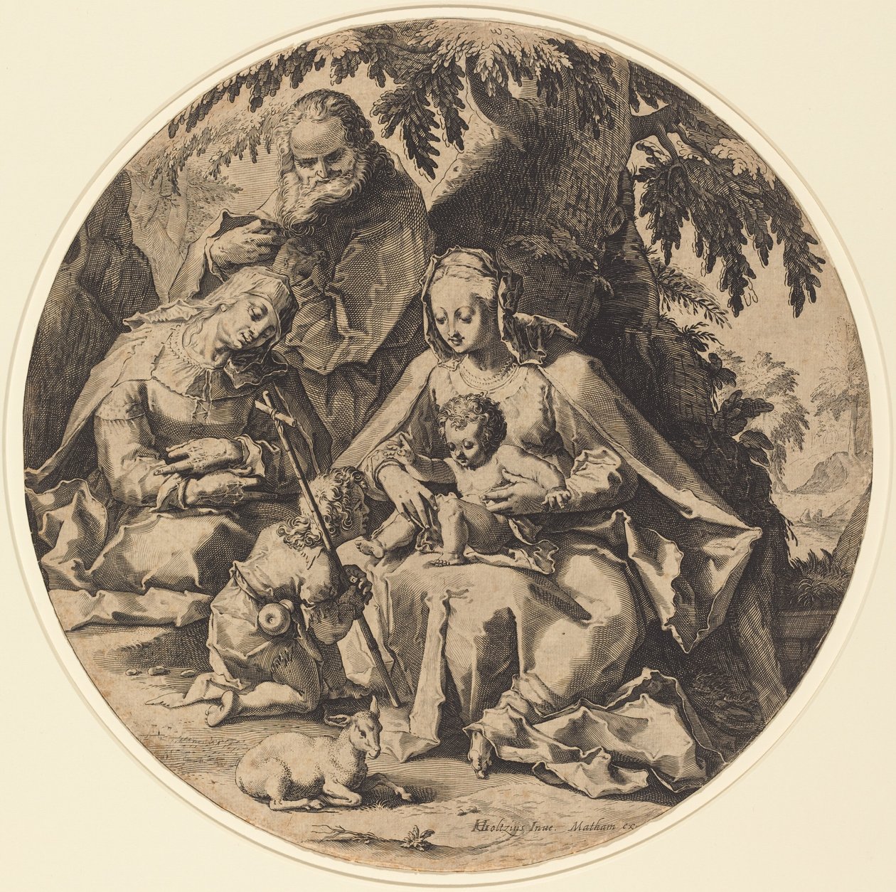 La Sainte Famille avec Sainte Élisabeth et Saint Jean-Baptiste - Workshop of Jacob Matham, after Hendrik Goltzius