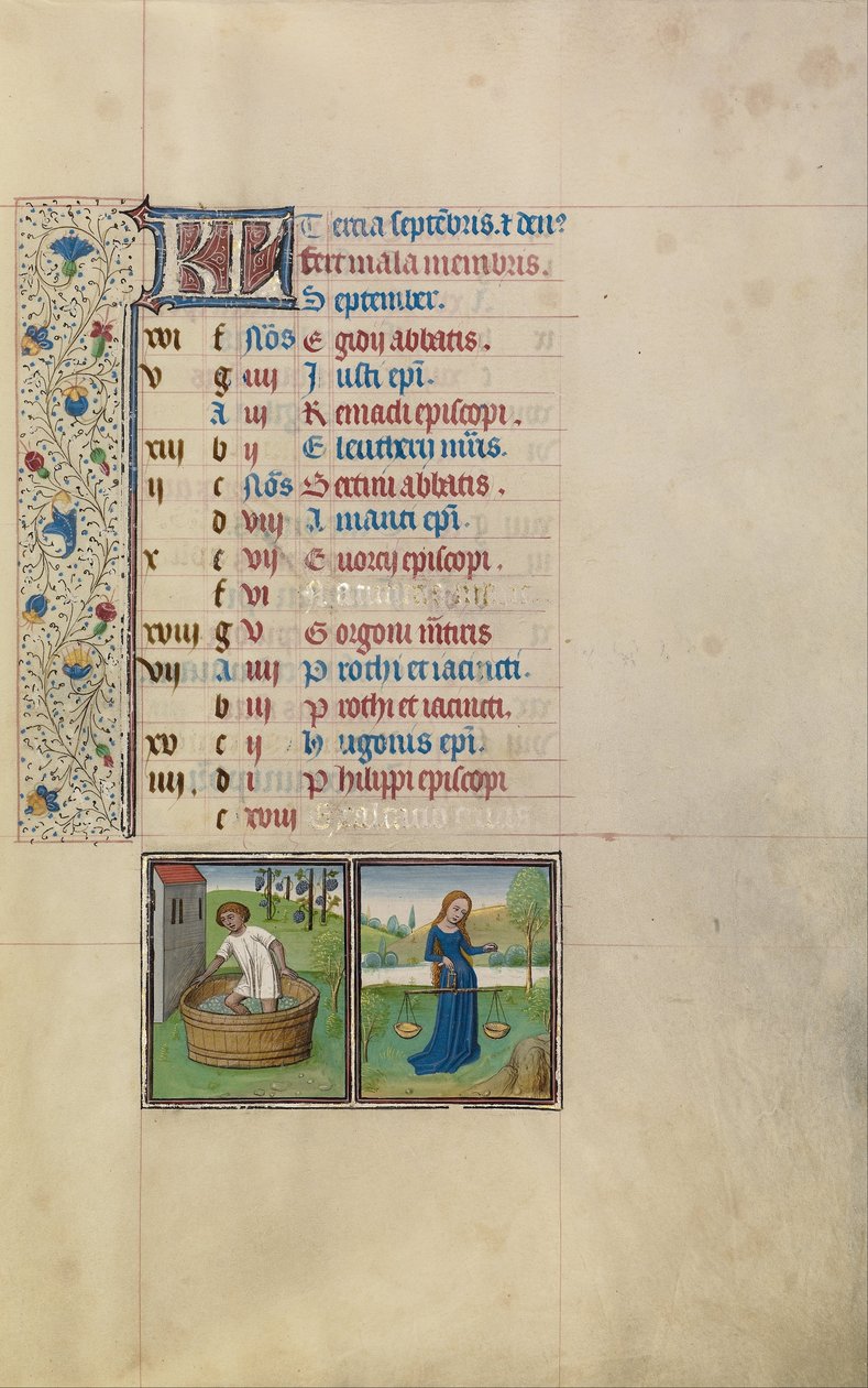 Un homme foulant le raisin; Signe du zodiaque de la Balance - Workshop of Willem Vrelant