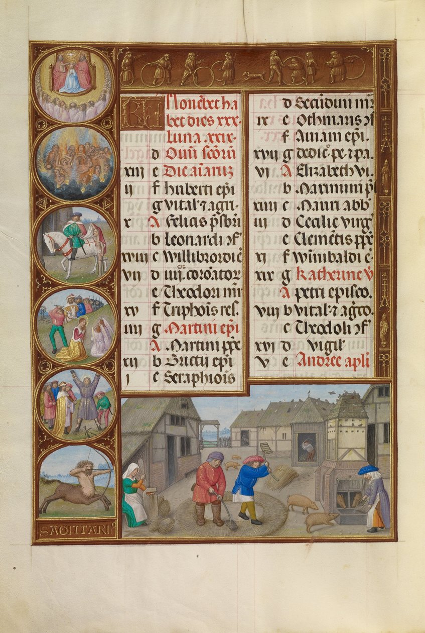 Battage et alimentation des porcs; Signe du zodiaque du Sagittaire - Workshop of the Master of James IV of Scotland