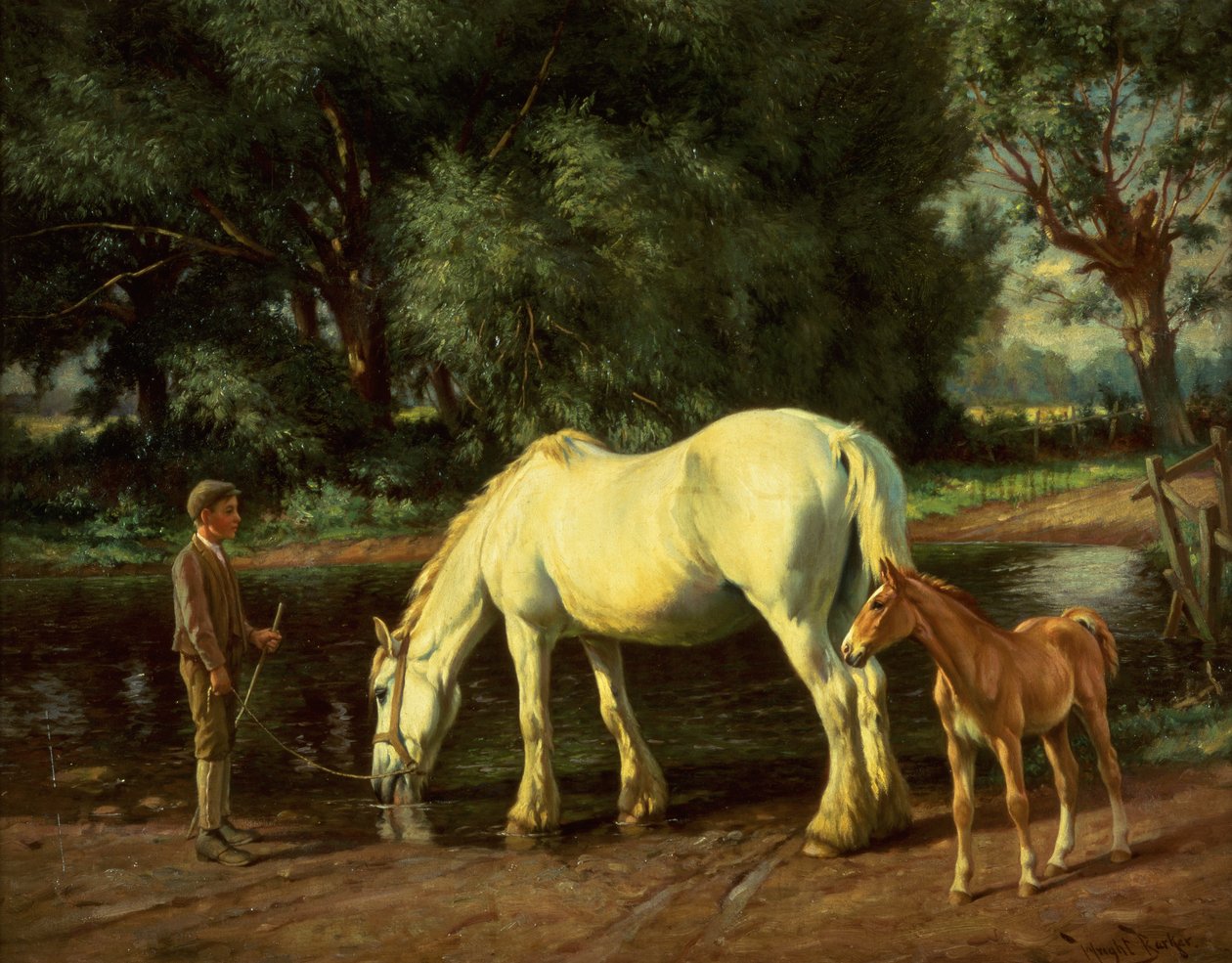 Une jument et son poulain au gué (huile sur toile) - Wright Barker