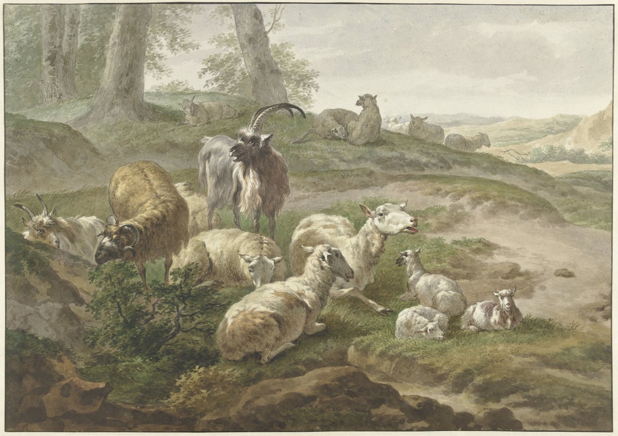 Boucs et moutons dans un paysage vallonné - Wybrand Hendriks