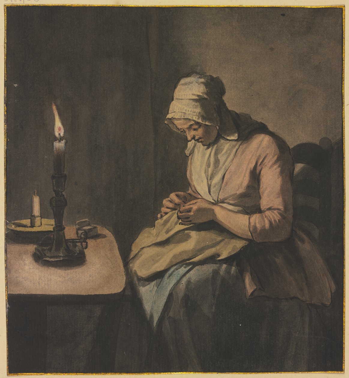 Femme faisant de la couture à la lueur d