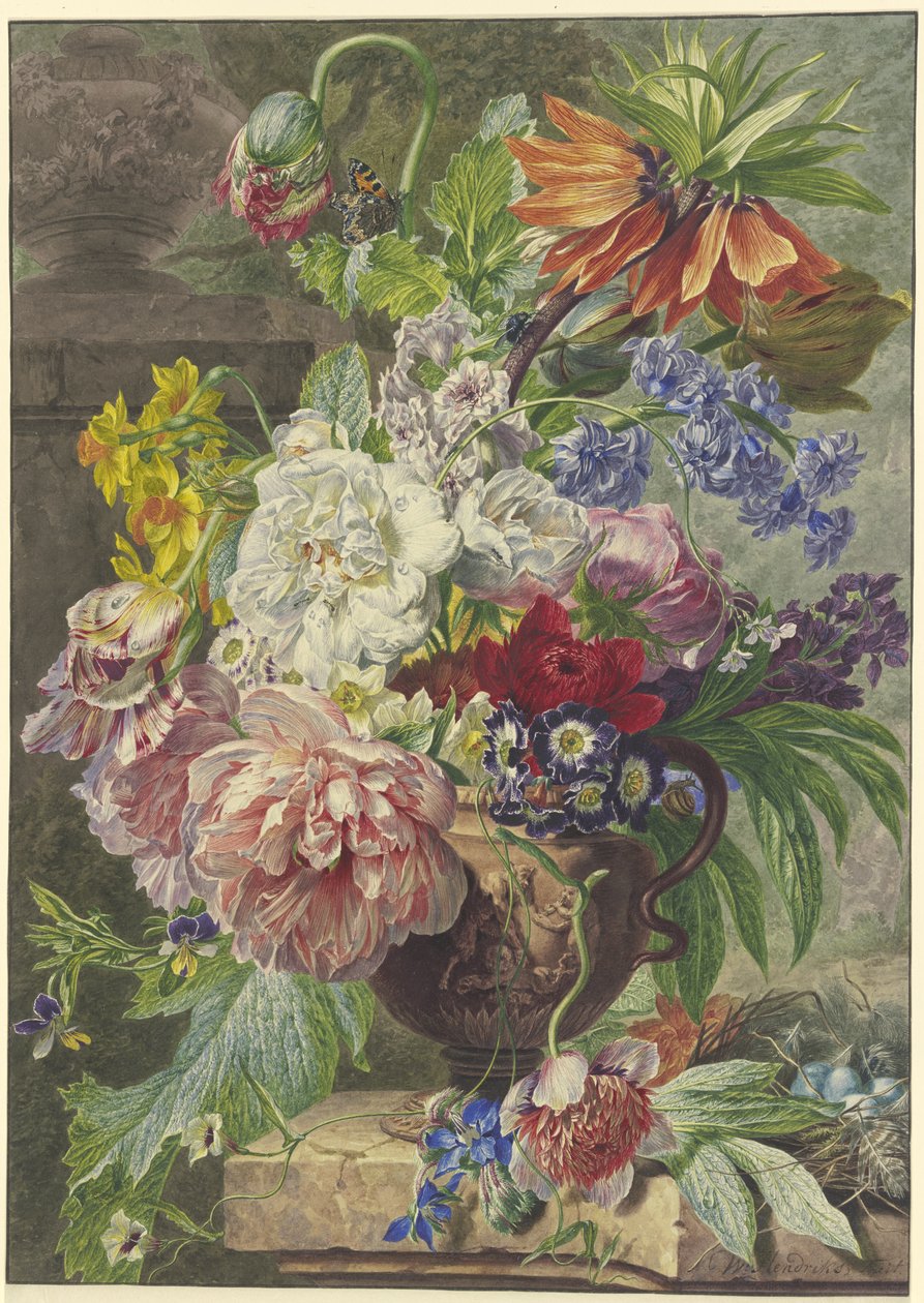 Nature morte avec bouquet de fleurs et nid d