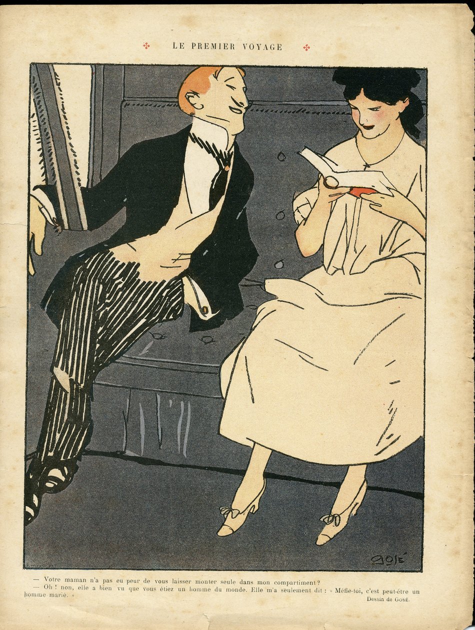 Illustration de Xavier Gose (1876-1915) dans Le Lire, 27/08/10 - Le premier voyage - Train ferroviaire, mode masculine, adultère - Xavier Gose