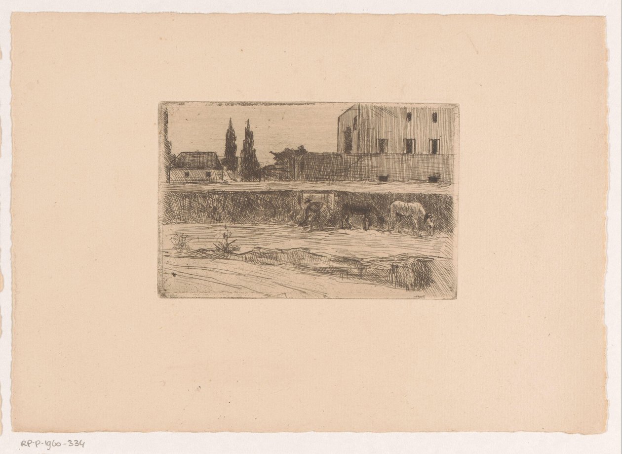 Paysage avec bâtiments et une figure au travail - Xavier Mellery (attributed to)