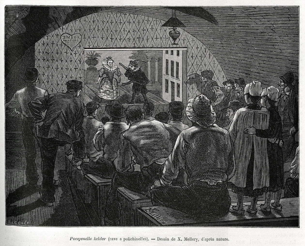 Cave à Polichinelles, une cave conçue pour des spectacles de marionnettes. Gravure par X. Mellery, pour illustrer l