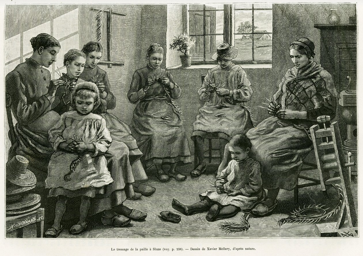 Le tressage de la paille à Sluze. Gravure de Xavier Mellery pour illustrer le récit La Belgique, par Camille Lemonnier, dans Le Tour du monde 1886, dirigé par Édouard Charton (1807-1890), Hachette, Paris. - Xavier Mellery