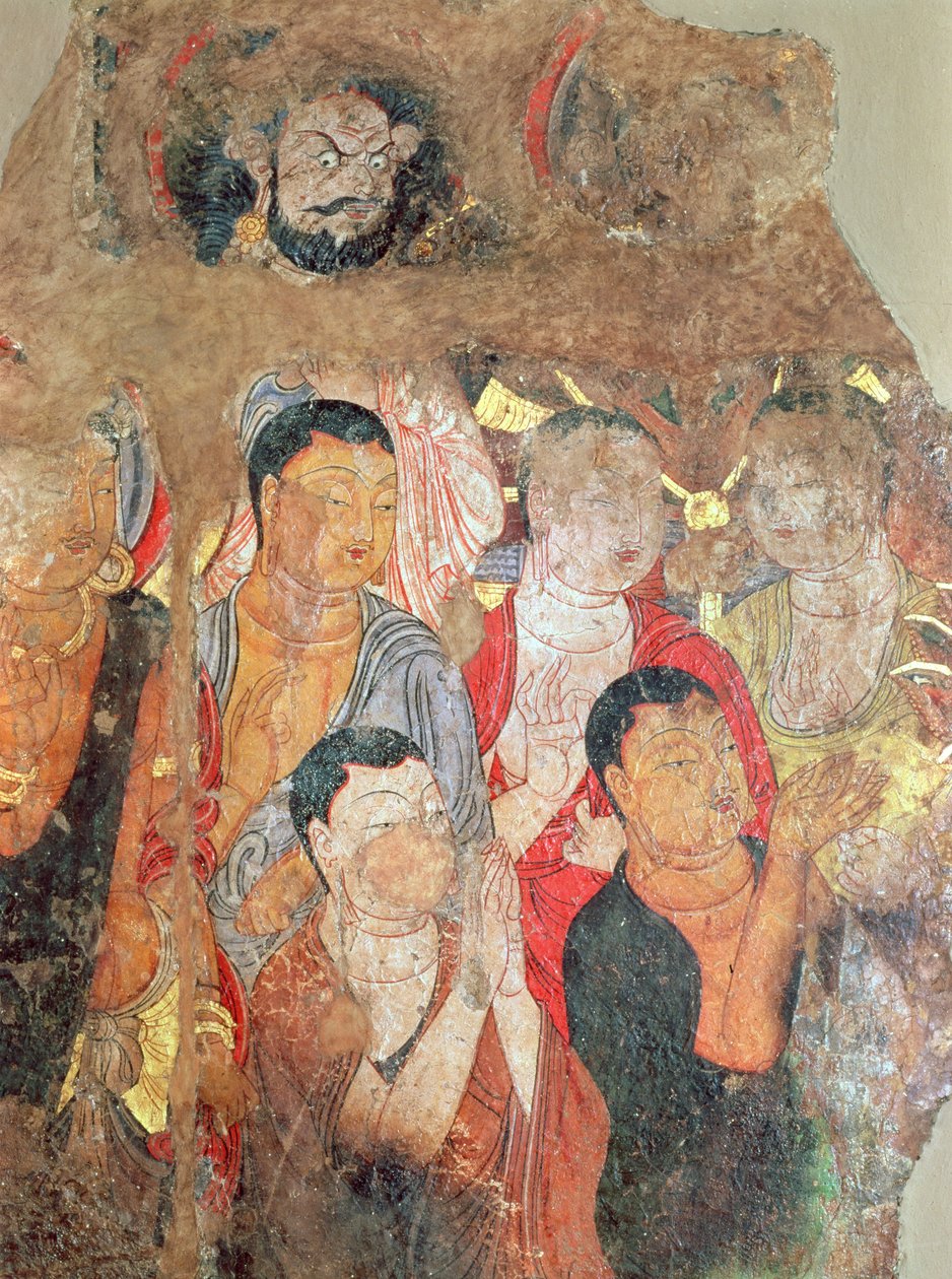 Groupe de moines et Bouddha, du monastère Shikshin, Karashar, IXe-Xe siècle (fragment d