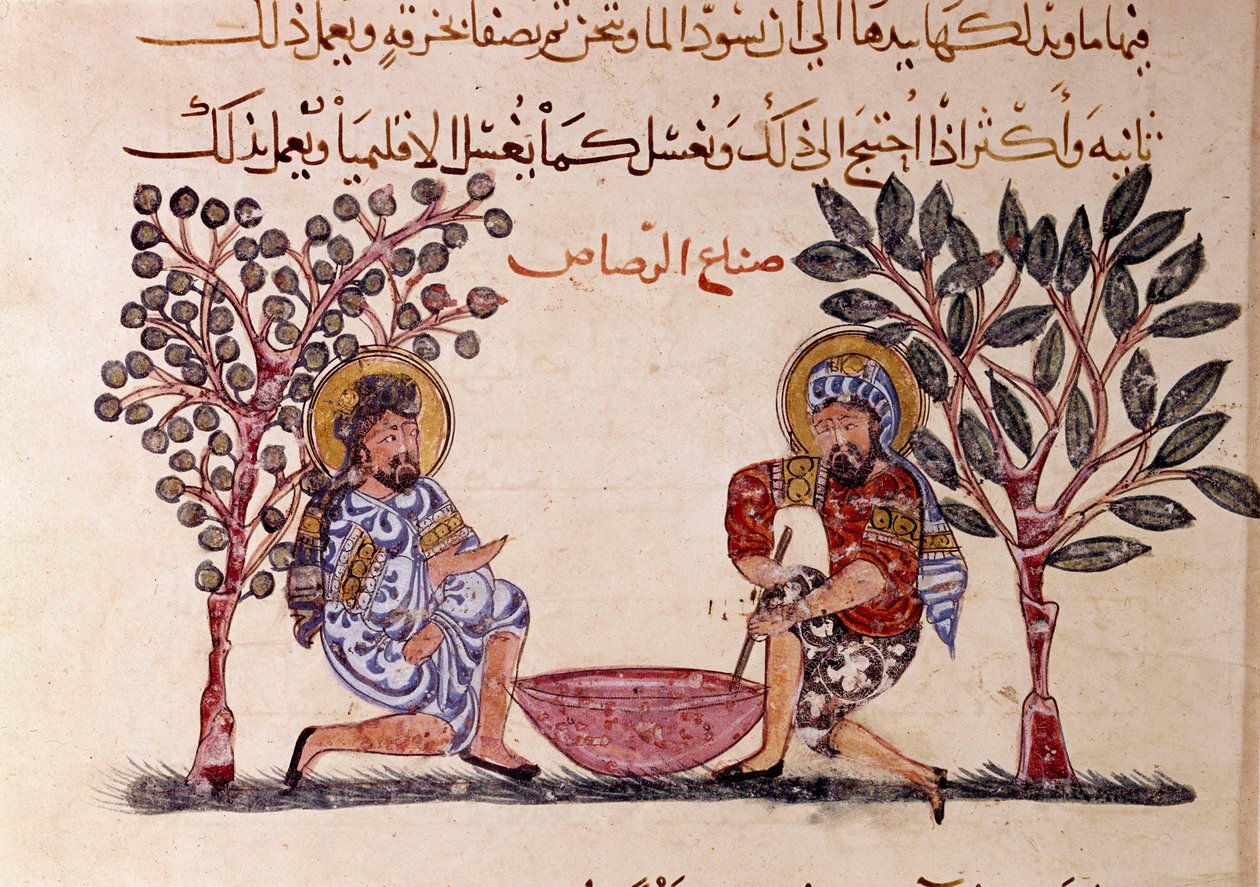 La fabrication du plomb Page de « Maqamat » (Séances), poème picaresque du 11e siècle par le poète arabe Abu Mohammed al-Kasim ibn Ali Hariri (ou Al-Hariri ou Al Hariri) (1054-1122) illustré par Al-Wasiti (al-Wasiti) - Yahya ibn Mahmud Al Wasiti