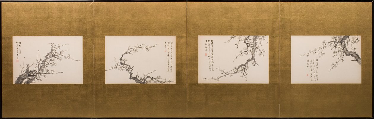 Fleurs de prunus, paravent, période Edo 1844 (encre sur papier) (voir aussi 752778-82) - Yamamoto Baiitsu