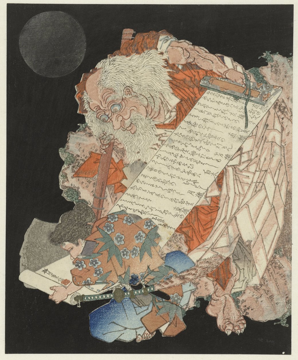 Jeune garçon lisant un rouleau tenu par un vieil homme - Yanagawa Shigenobu (II)