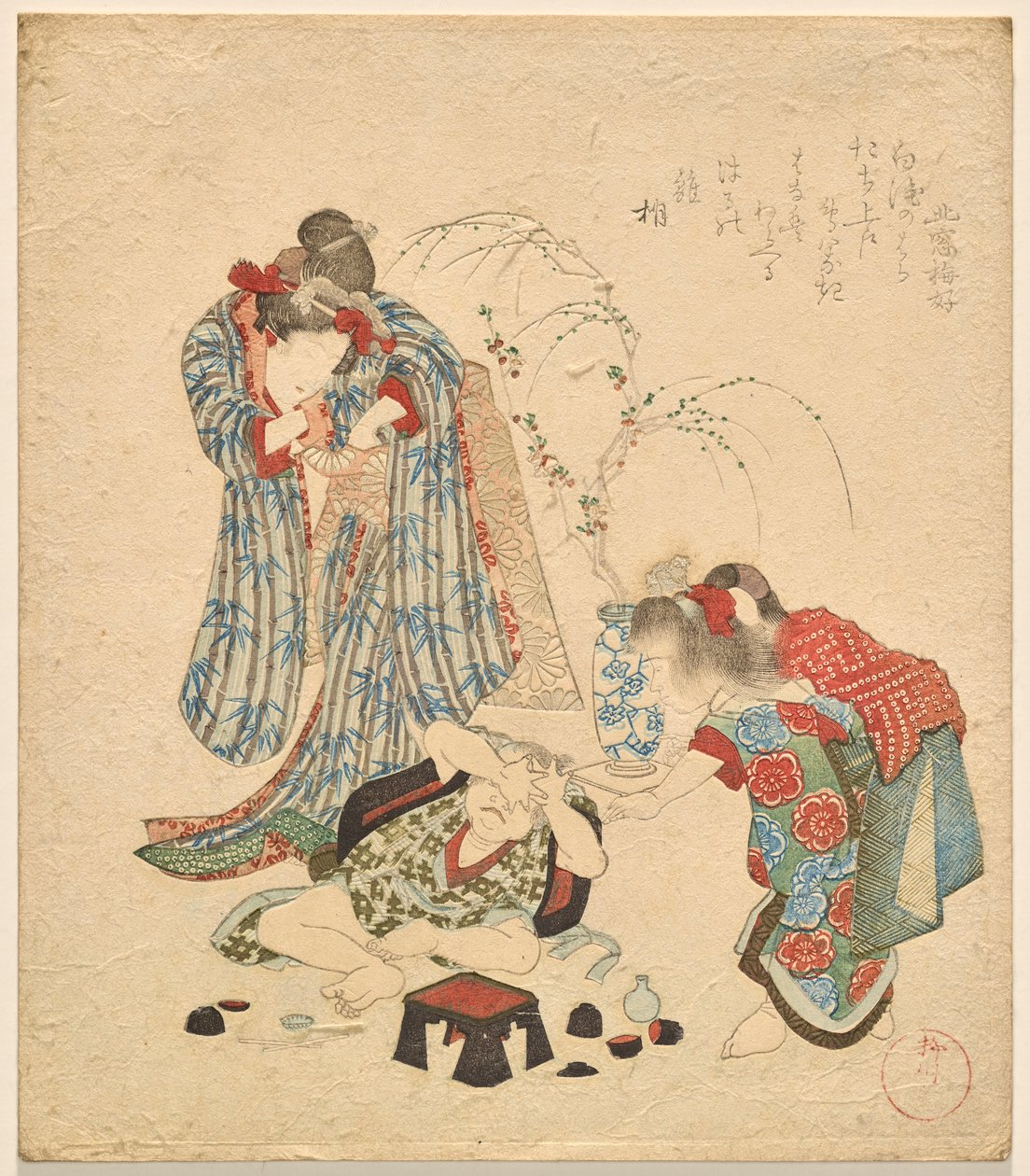 Deux filles avec leur petit frère qui a renversé le set de saké - Yanagawa Shigenobu II
