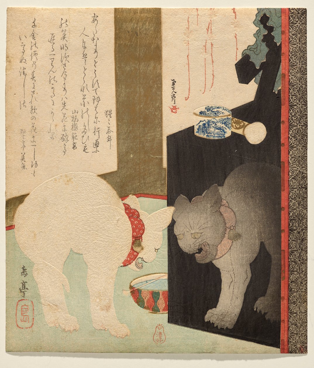 Chat blanc reflété dans une commode laquée - Yashima Gakutei